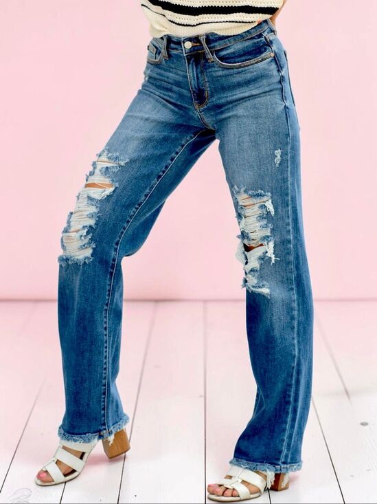 Judy Blue Denim - Judy Blue Dad Jeans Dark Wash Distressed Raw Hem Mid Rise Relaxed Straight NWT